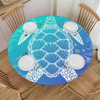 Круглая скатерть в виде морской черепахи, водонепроницаемая скатерть с эластичным краем, накидки на столы для вечеринки на кухне в помещении на открытом воздухе Изображение