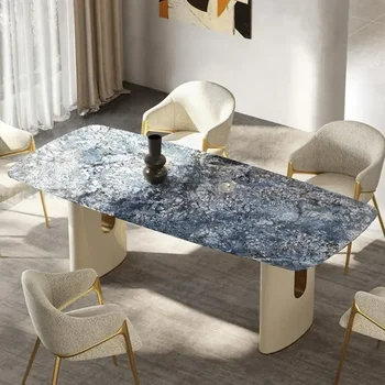 Итальянский прямоугольный обеденный стол GY13 с голубой текстурой, столешница из каменной панели, устойчивая рама стола, кухонная мебель Mesa, пригодная для использования Изображение