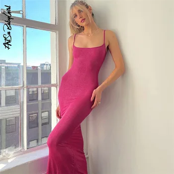 Розовое платье Сексуальное платье с открытой спиной Однотонное базовое платье 2023 Летняя мода Платье без рукавов с круглым вырезом Облегающее пляжное платье на бретелях Vestidos Изображение