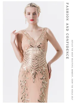 Новое классическое платье с пайетками в стиле глубокого V-образного выреза, тонкое длинное платье, вечернее платье Изображение