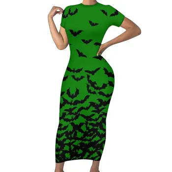 Просто летучие мыши Зеленое платье с коротким рукавом Хэллоуин Уличная одежда Макси Платья Сексуальное Облегающее платье Женская одежда на заказ Большого размера Изображение