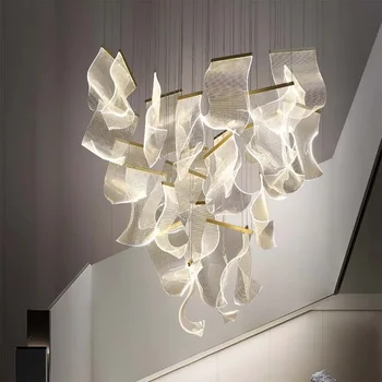 Современная акриловая светодиодная люстра для лестничной клетки гостиной Роскошный Креативный дизайн Большие Светильники Золотые Подвесные светильники для помещений Изображение