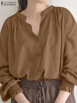 Женская Блузка С V-образным вырезом И Оборками ZANZEA, Осенняя Корейская Модная Элегантная Рубашка С Длинным Рукавом, Однотонные Стильные Рабочие Блузки Mujer, Повседневные Топы Изображение