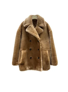 Куртка из овечьей шерсти с лацканами, короткая, свободного кроя, двубортный дизайн, теплая и удобная новинка зимы 2023 года 1223 Изображение