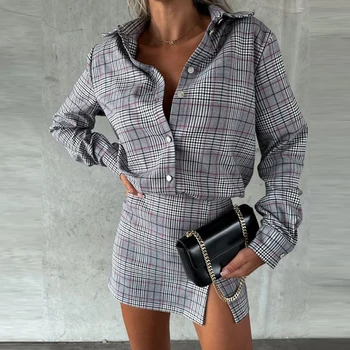 Повседневная женская одежда из двух предметов, винтажная рубашка с длинным рукавом 2YK и мини-юбки, офисный женский комплект из платьев в клетку, костюм Изображение