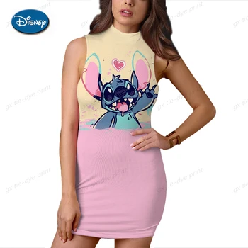 2023 Disney Stitch Мультяшный принт Сексуальное обтягивающее платье Летняя модная сумка Хип-хоп Пляжная вечеринка Уличное платье Женское розовое платье Изображение