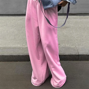 Женские мешковатые брюки-карго, длинные брюки, однотонно-розовый эластичный пояс, свободные широкие спортивные брюки с карманами, уличная одежда в стиле гранж. Изображение