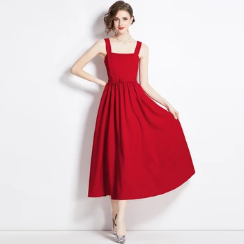 Женское новое красное платье трапециевидной формы без рукавов, Модное повседневное однотонное платье-слинг, Вечерние Красные платья, Рождественские Изображение