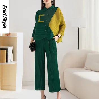 Модный весенний Новый женский стиль, воротник Поло, однобортный топ контрастного цвета, узкие прямые брюки с высокой талией Изображение
