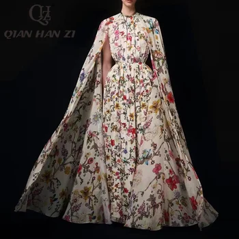 QHZ Дизайнерское модное винтажное платье Макси, женский плащ с цветочным принтом, роскошное элегантное длинное платье для пляжного отдыха Изображение
