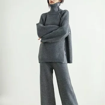Женский свитер, весенне-осенний вязаный повседневный комплект, водолазка, однотонный топ, свободный модный свитер + широкие брюки, комплект из двух предметов Изображение