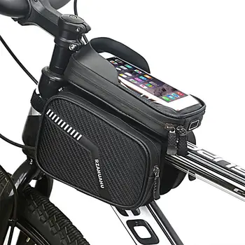 Сумка для велосипедной рамы Сенсорный экран Двойные молнии Боковые карманы Сумка для передней балки Велосипедная сумка Седельная сумка для горного велосипеда Аксессуары для велосипедов Изображение