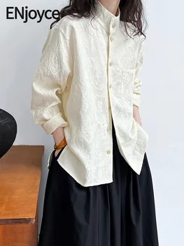 Наслаждайтесь Весенне-осенними женскими Ретро-рубашками в новом китайском стиле, текстурой рабочей одежды, Жаккардовыми блузками со стоячим вырезом, свободными рубашками, топами Изображение