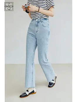 Женские джинсы-клеш в уютном стиле ZIQIAO, летние новые укороченные джинсы с высокой талией и прямыми штанинами, облегающие женские Изображение