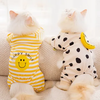Полосатый комбинезон для домашних животных, одежда для маленьких собак, милая пижама, рубашка для котенка и щенка с милым мультяшным рисунком, пижама Изображение
